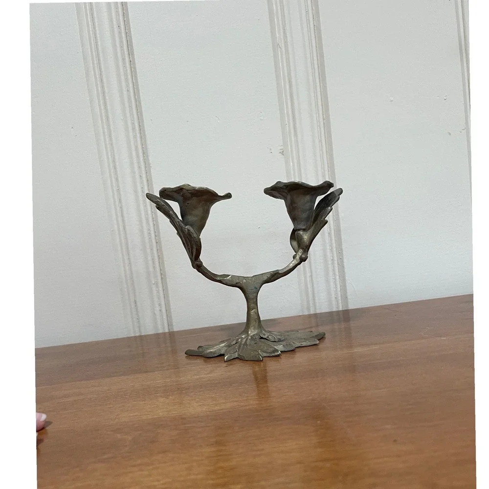 Vintage Brass Double‎ Lily Candelabra Art Nouveau Floral Taper Candle Holder